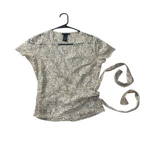Vintage Y2K The Limited XS Lace Top Sheer Side Tie Blouse V Neck Short Sleeve‎